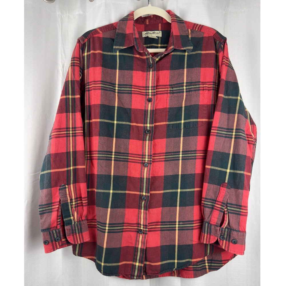 Vintage Eddie Bauer Red Plaid Flannel Button Down Shirt Cotton Size Medium